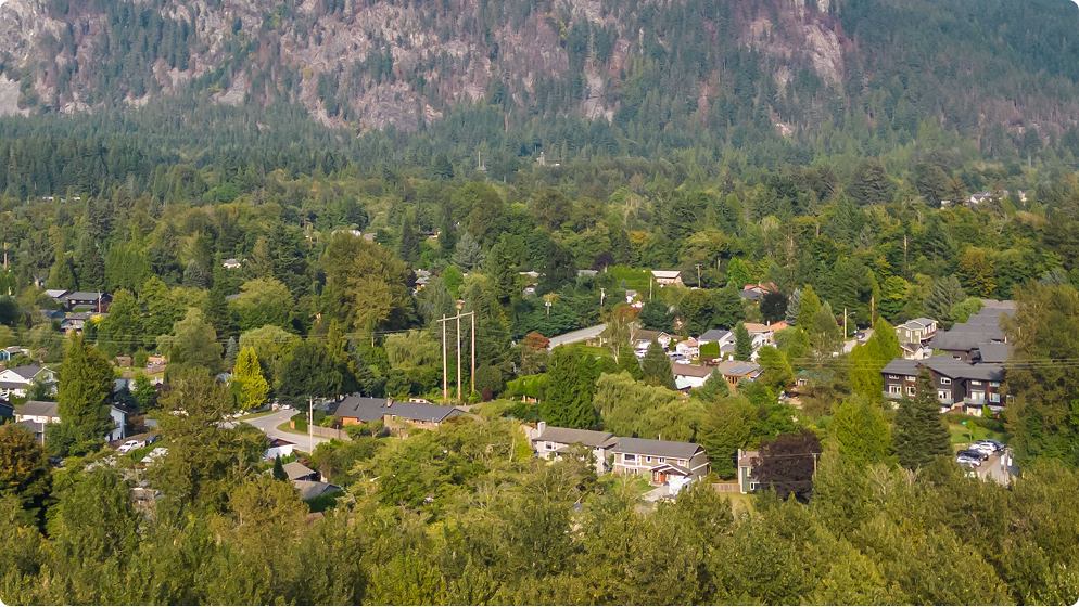 Existing power line infrastructure along the BC Hydro right-of-way – An elevated view of a residential neighborhood nestled among abundant green trees. Houses with various rooflines are scattered throughout the dense foliage, with a large, forested mountain serving as the backdrop.